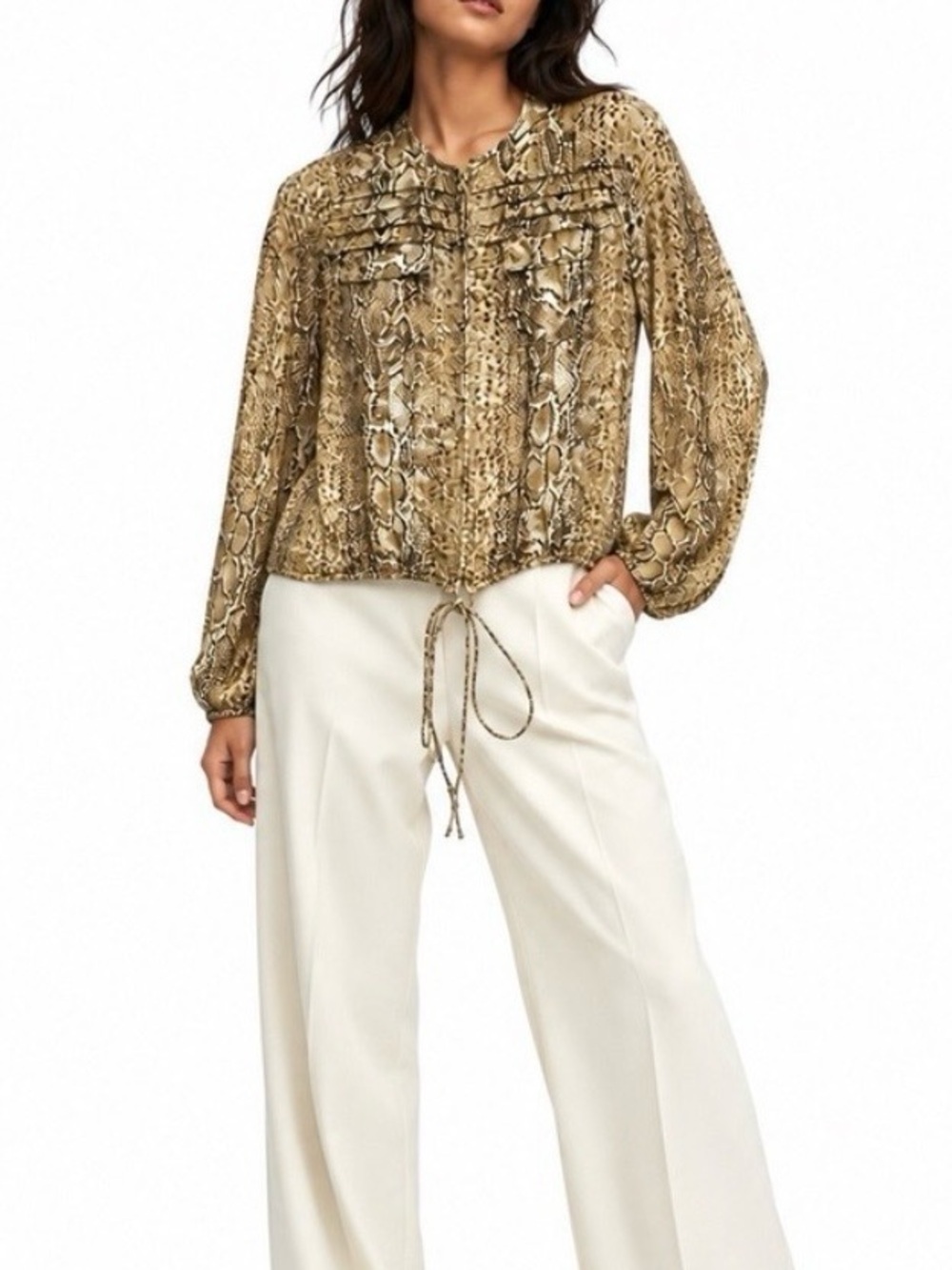 NWOT Tory Burch Snake-Print Drawstring Hem Blouse - Tan